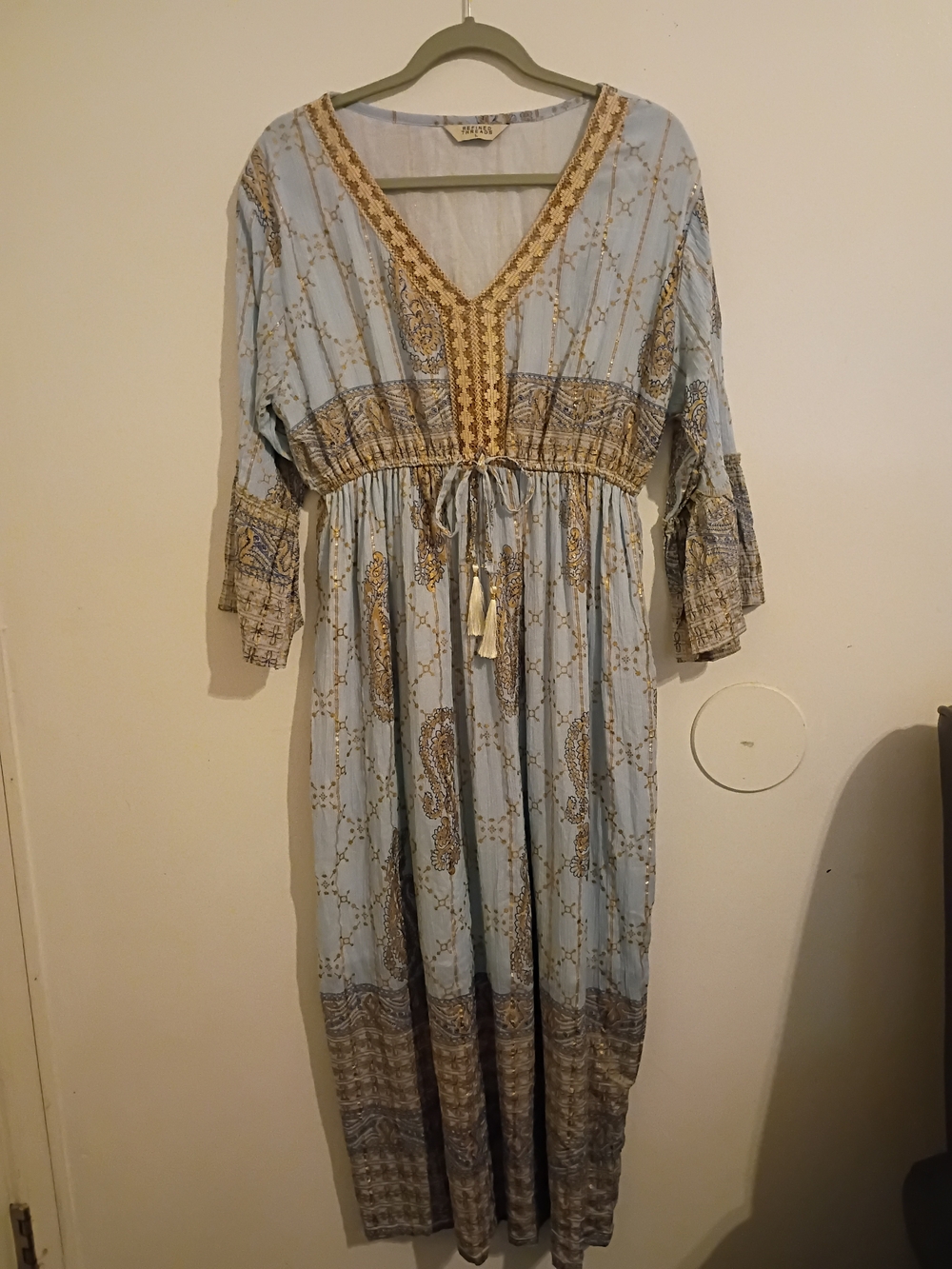 Light Blue Paisley Maxi Dress with Tassel Tie and Metallic‎ Trim Sz M